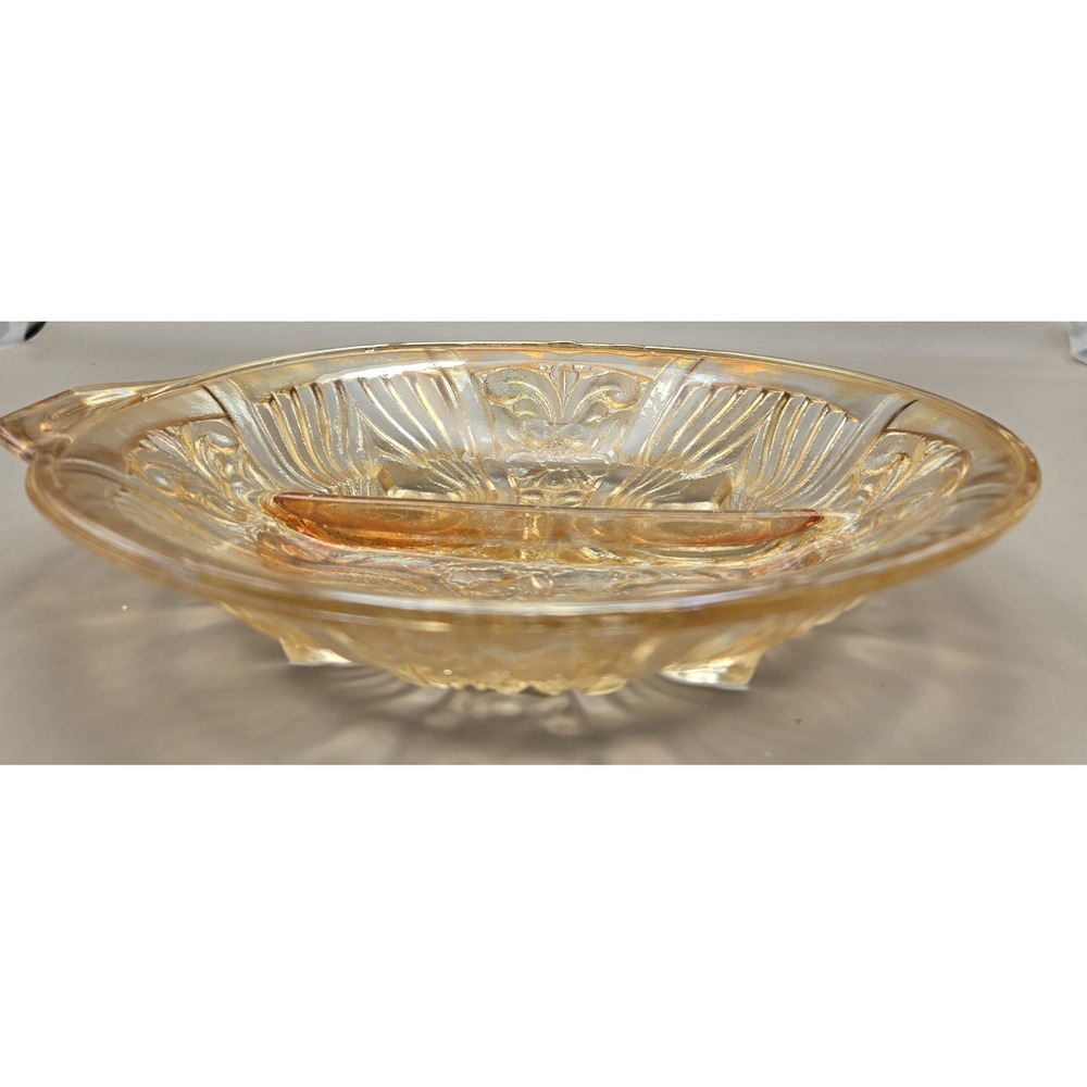 Vintage Divided Relish Dish Iridescent Light Amber Carnival Glass B#27